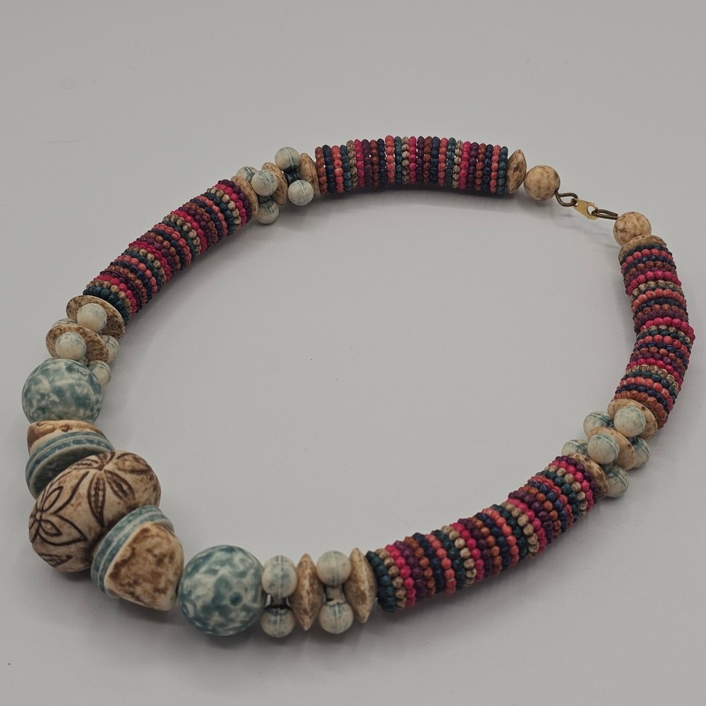 Beaded Statement Necklace Multicolor Boho Tribal Chunky Earthy - Picture 12 of 12